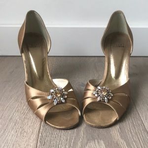 Stuart Weitzman “Goodlife” Satin Open Toe Pumps